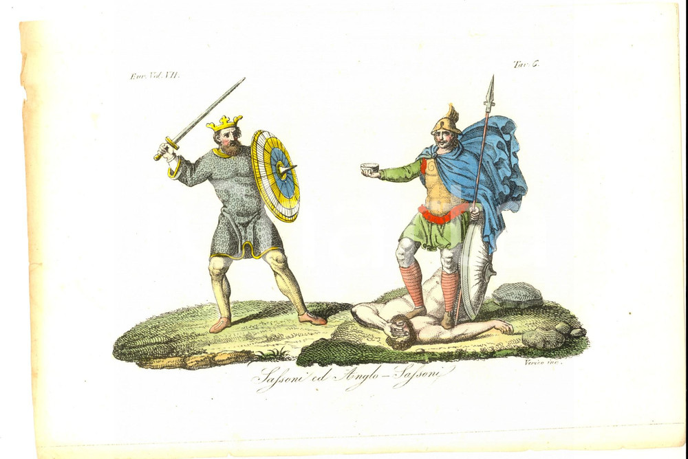 Stampa, bozzetto originale 1830 ca FERRARIO COSTUME EUROPEO Sassoni ed anglosassoni VERICO Colorata a mano 1