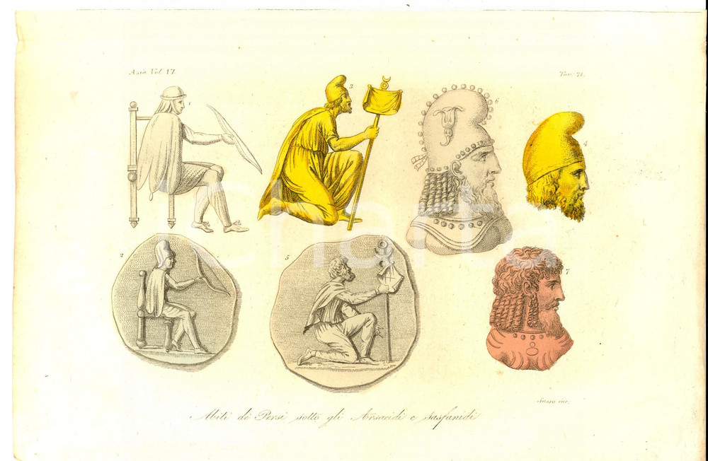 Stampa, bozzetto originale 1830 ca FERRARIO COSTUME Abiti de  Persi sotto gli Arsacidi e Sassanidi SASSO 1