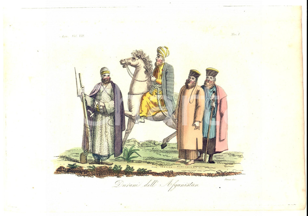 Stampa, bozzetto originale 1825 FERRARIO COSTUME ASIA Durani dell Afghanistan Inc. SASSO Colorata a mano 1