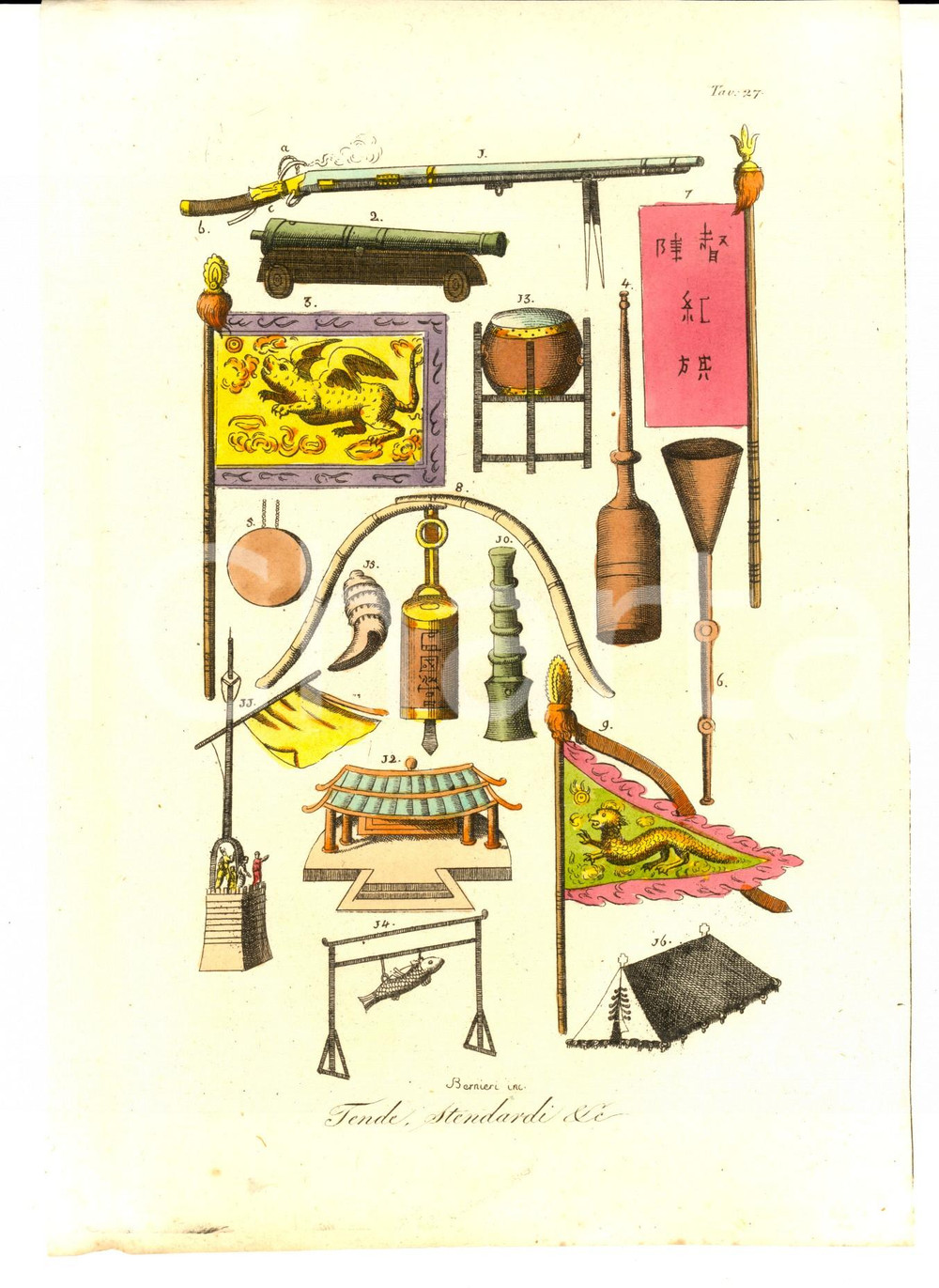 Stampa, bozzetto originale 1830 ca FERRARIO COSTUME ANTICO ASIA Tende, stendardi. Inc. BERNIERI tav. 27 1