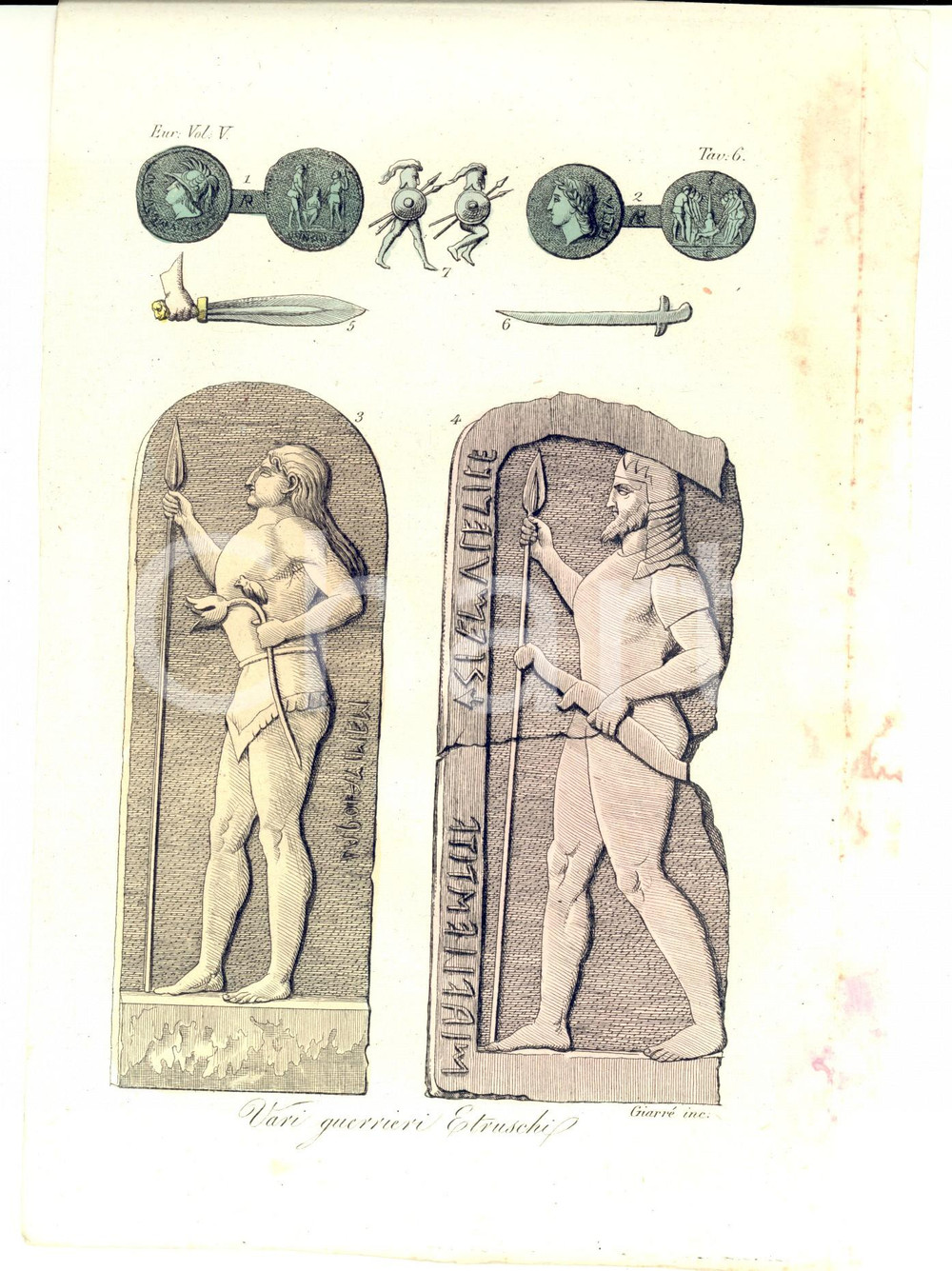 Stampa, bozzetto originale 1828 FERRARIO COSTUME EUROPA Vari Guerrieri Etruschi GIARRE  Colorata a mano 1