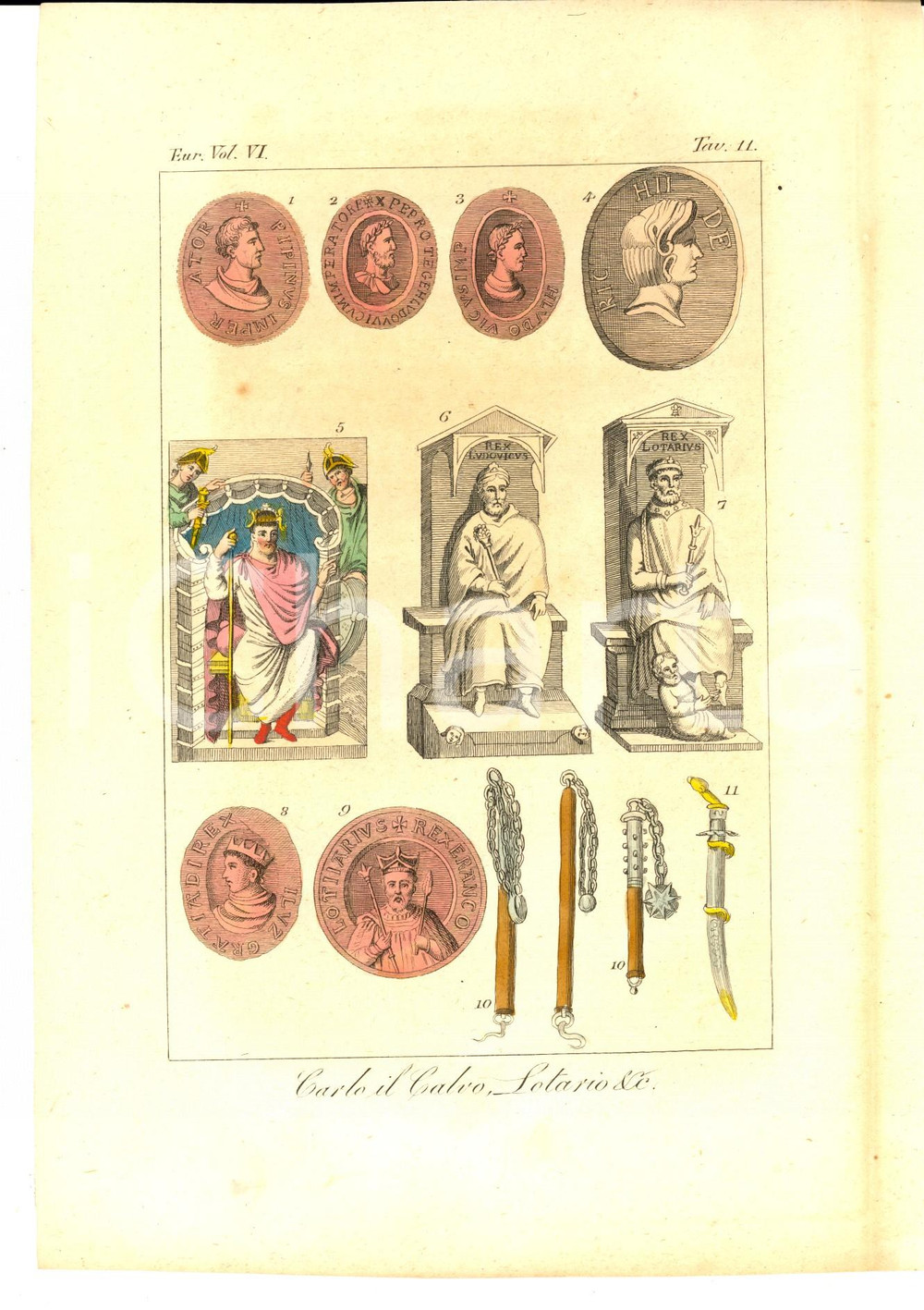 Stampa, bozzetto originale 1830 ca FERRARIO COSTUME EUROPA Carlo il Calvo, Lotario, ecc. Colorata a mano 1