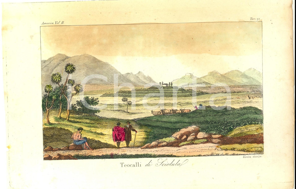 Stampa, bozzetto originale 1830 ca FERRARIO COSTUME AMERICA Teocalli di Sciolula Inc. VERICO Stampa 1