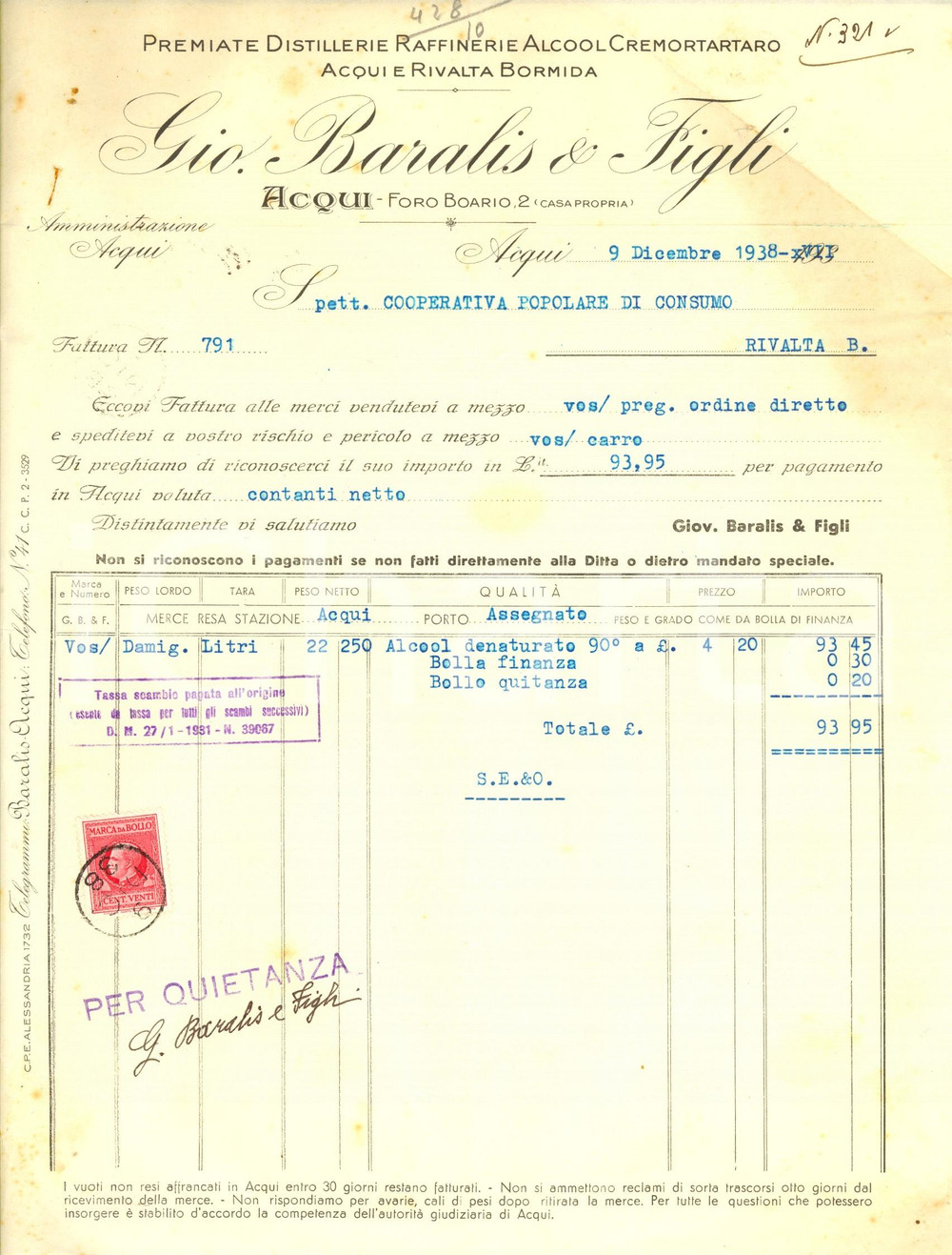 Documento originale, autentico 1938 ACQUI TERME AL Giovanni BARALIS & FIGLI  Distilleria Raffineria Alcool 1