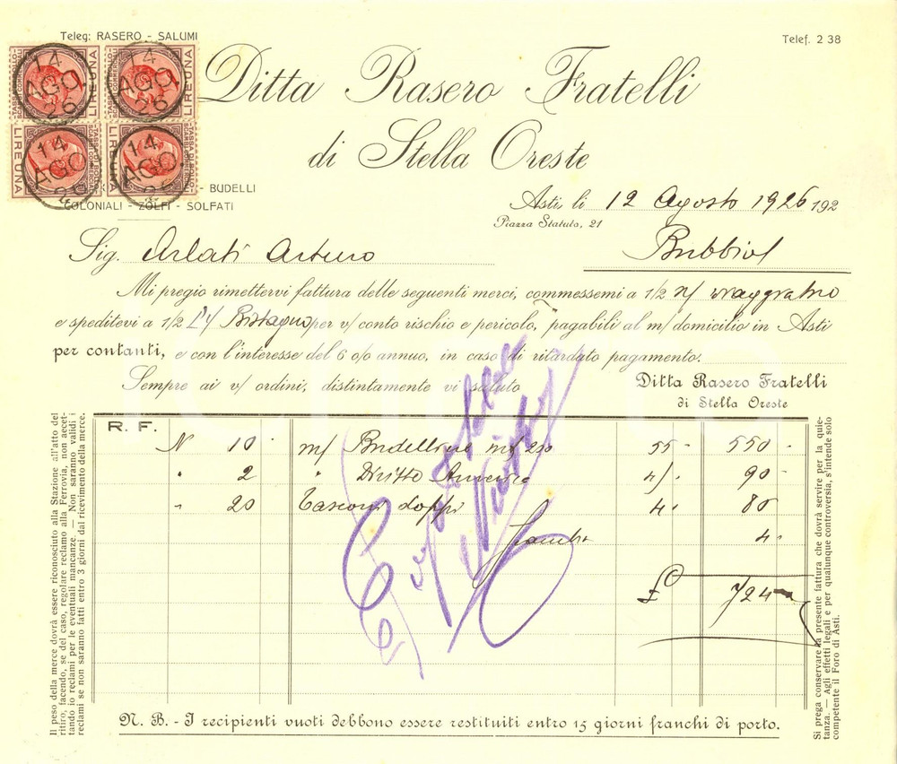 Documento originale, autentico 1926 ASTI Ditta RASERO FRATELLI di Oreste STELLA  Salumi e coloniali Fattura 1