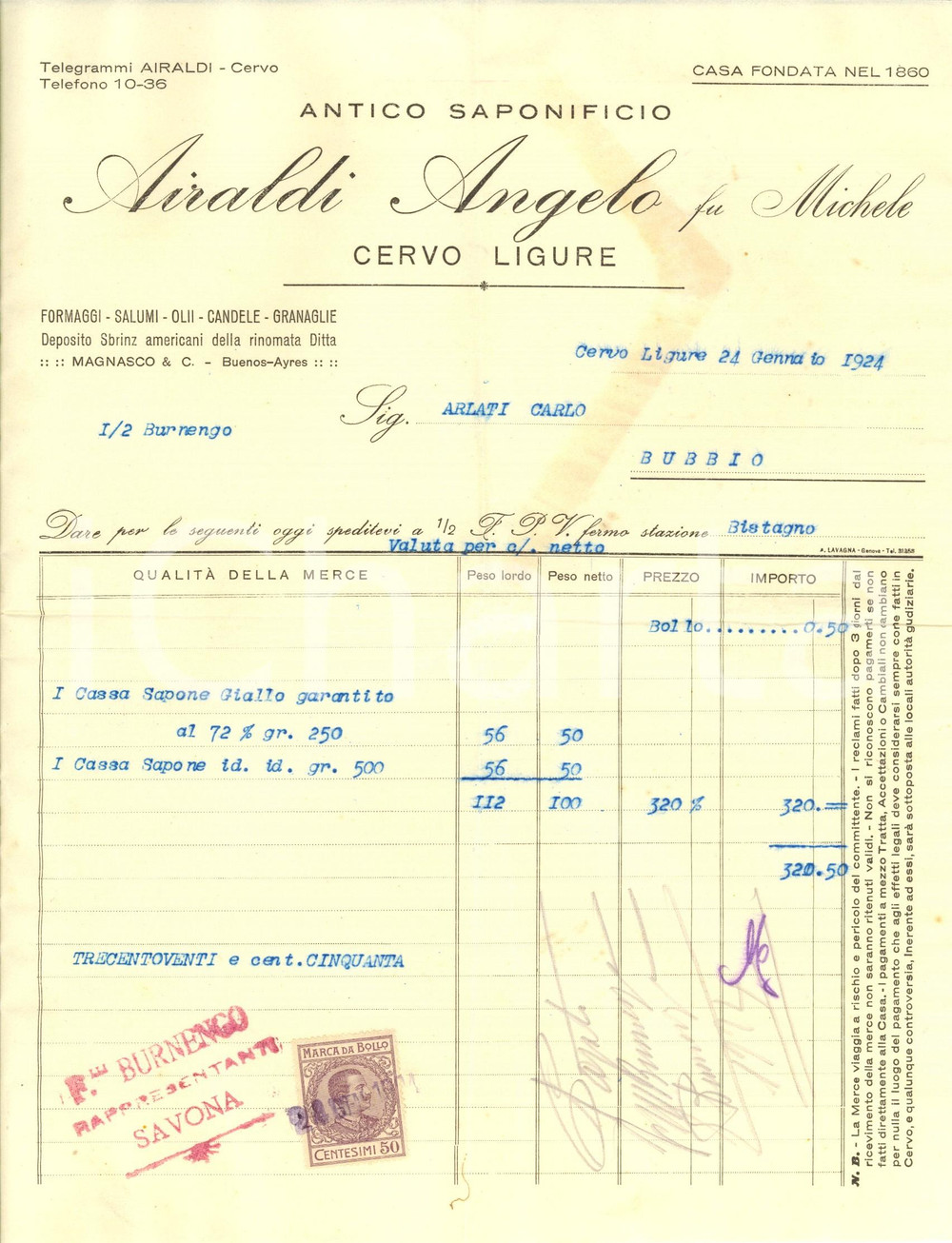 Documento originale, autentico 1924 CERVO IM Angelo AIRALDI fu Michele  Antico saponificio Fattura 1