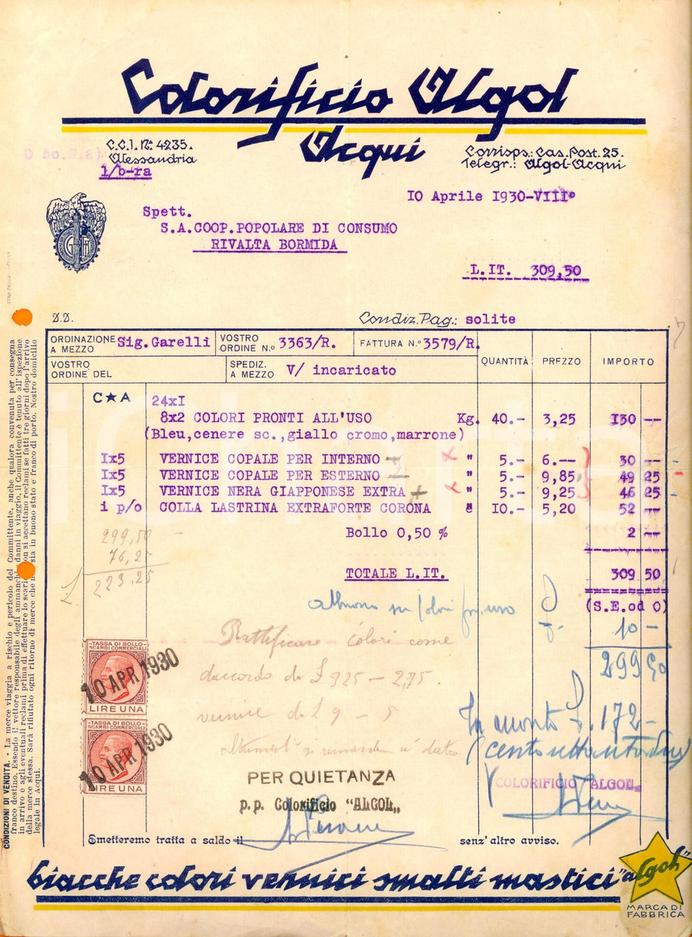 Documento originale, autentico 1930 ACQUI TERME AL Colorificio ALGOL Fattura su carta intestata 1