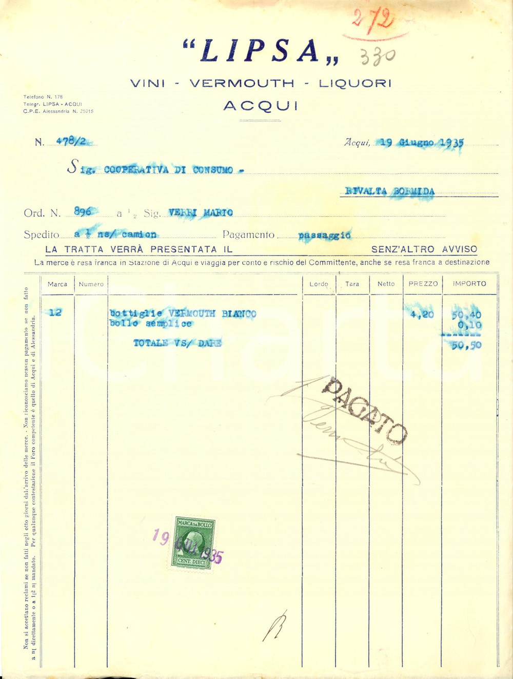 Documento originale, autentico 1935 ACQUI TERME AL LIPSIA  Vini Vermouth e liquori Fattura intestata 1