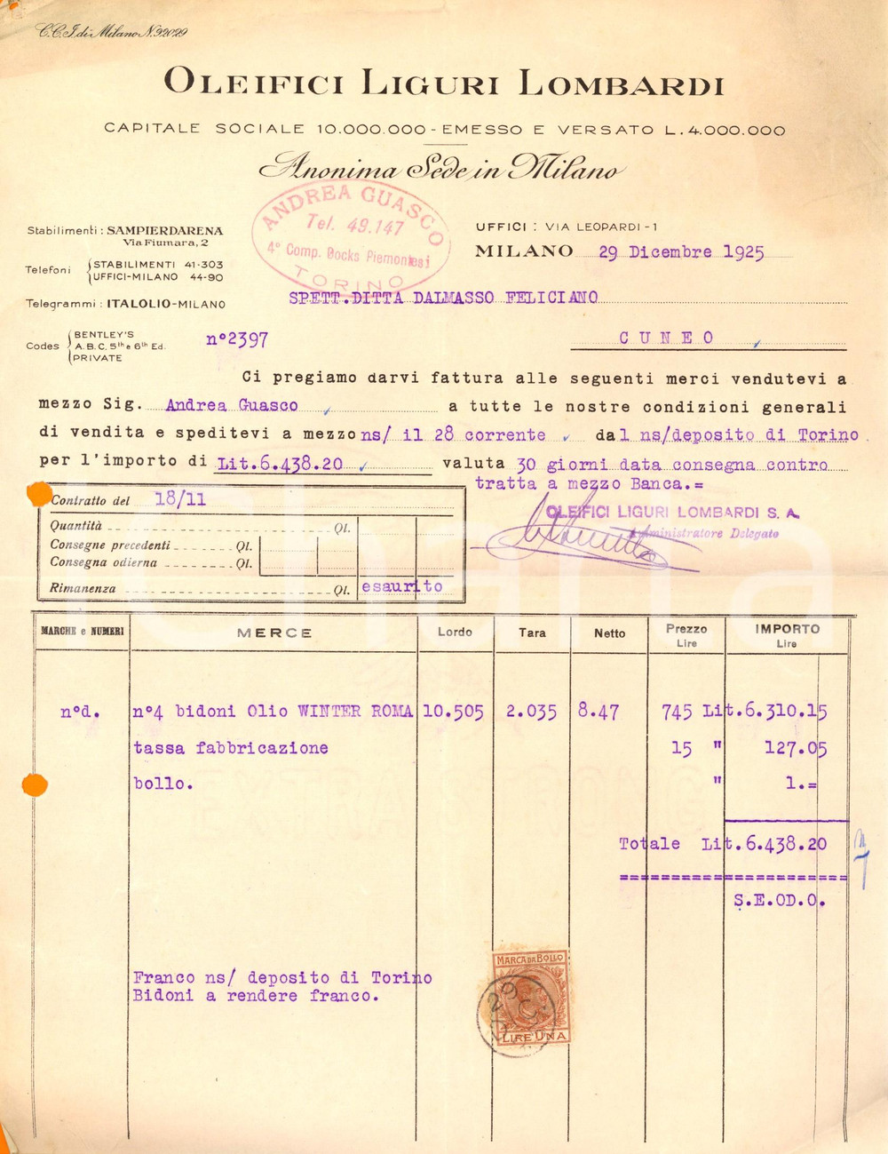 Documento originale, autentico 1925 MILANO Via Leopardi 1 OLEIFICI LIGURI LOMBARDI Fattura su carta intestata 1