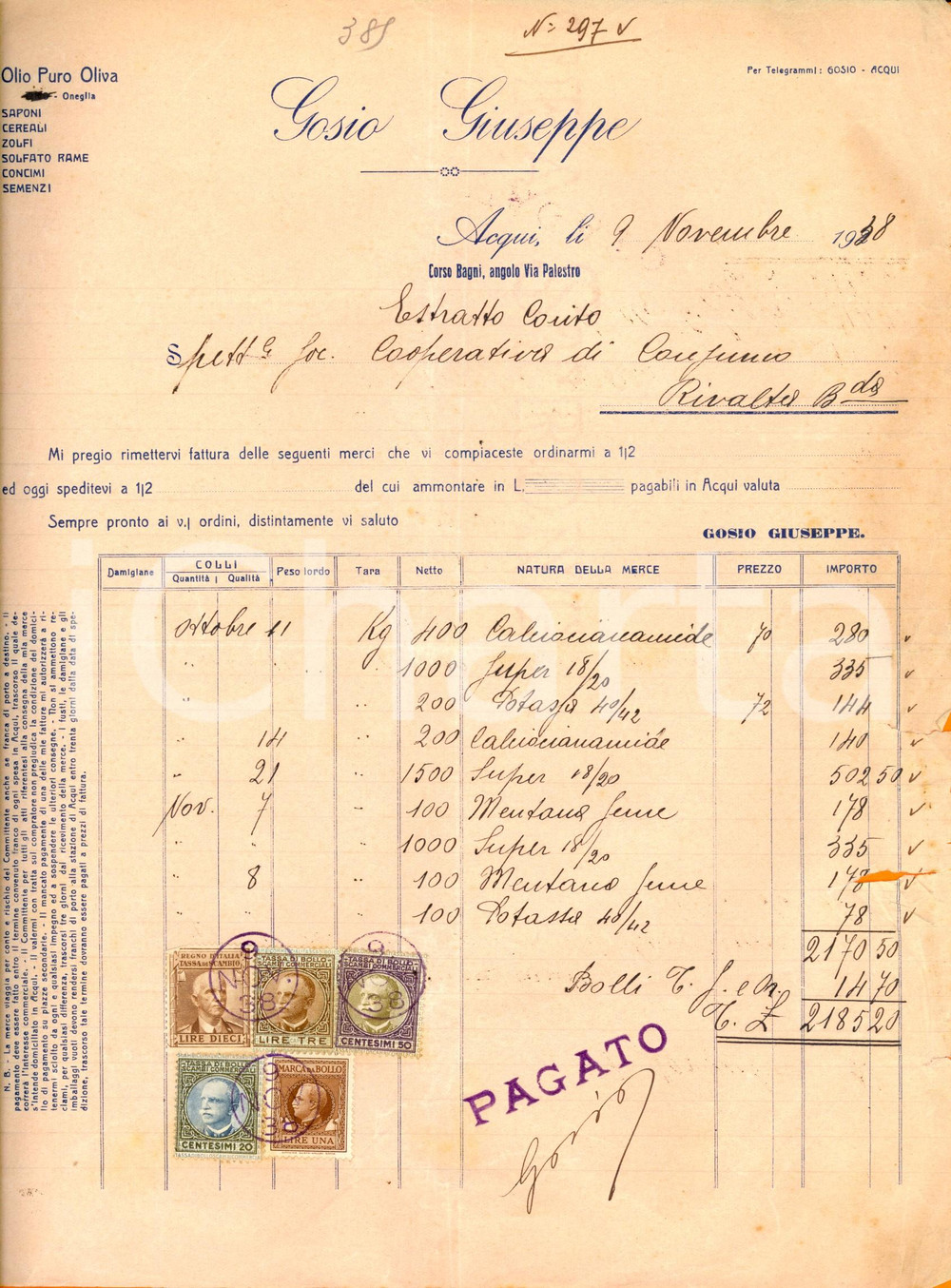 Documento originale, autentico 1938 ACQUI TERME AL Giuseppe GOSIO  Olio d oliva e saponi Fattura 1
