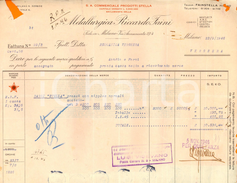 Documento originale, autentico 1946 MILANO SocietÃ  METALLURGICA RICCARDO FAINI Fattura per raggi STELLA 1