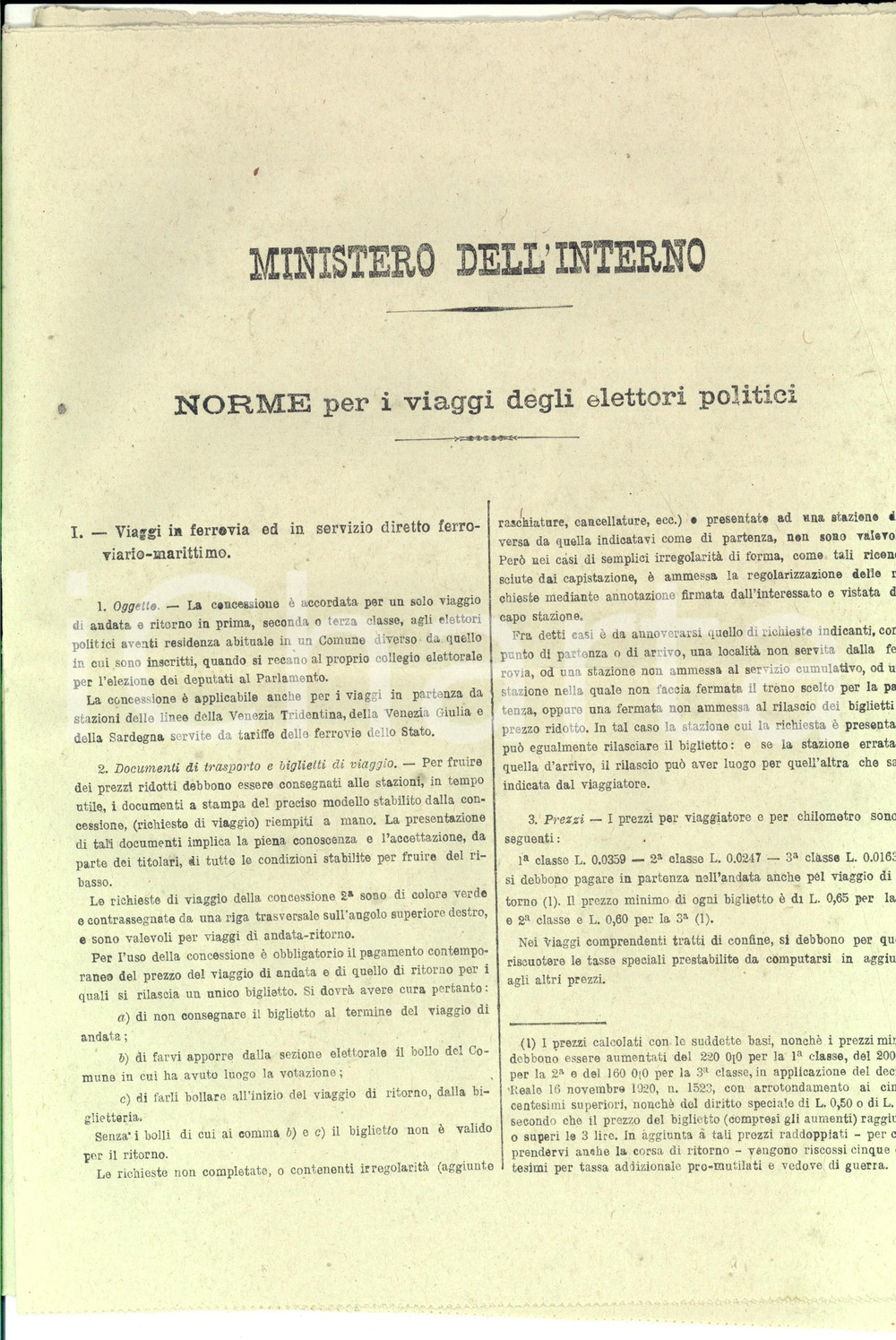 Documento originale, autentico 1921 ROMA Gazzetta Ufficiale  Norme per i viaggi degli elettori politci 1