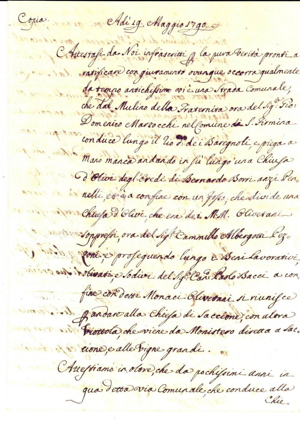 Documento originale, autentico 1790 SANTA FIRMINA AR Paolo BACCI colpevole di dannosa occupazione stradale 1