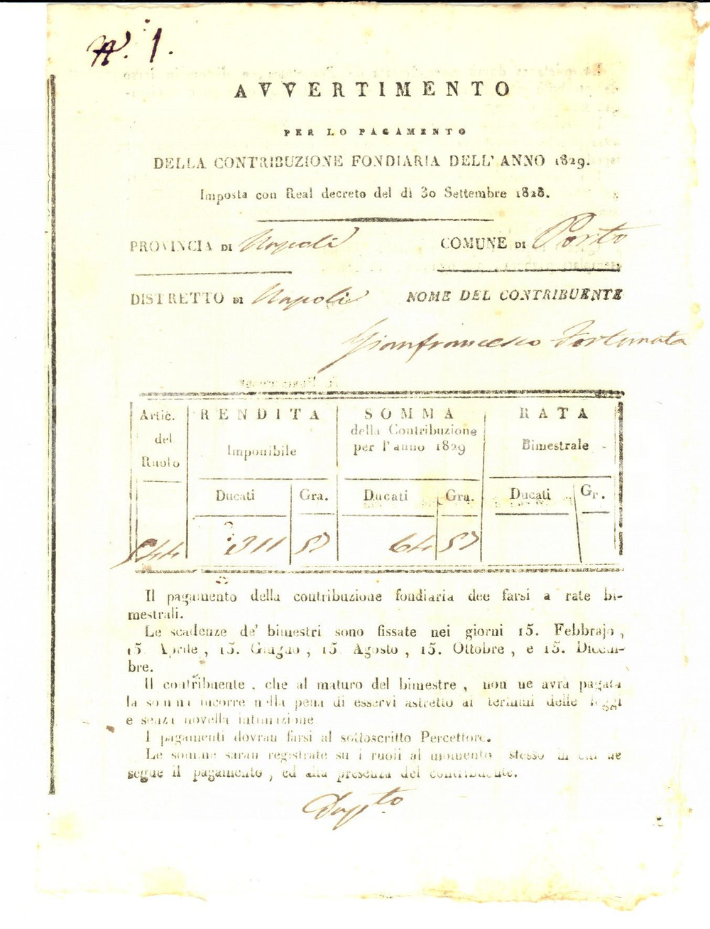 Documento originale, autentico 1829 NAPOLI PORTO Avviso a Gianfrancesco FORTUNATO per contribuzione fondiaria 1
