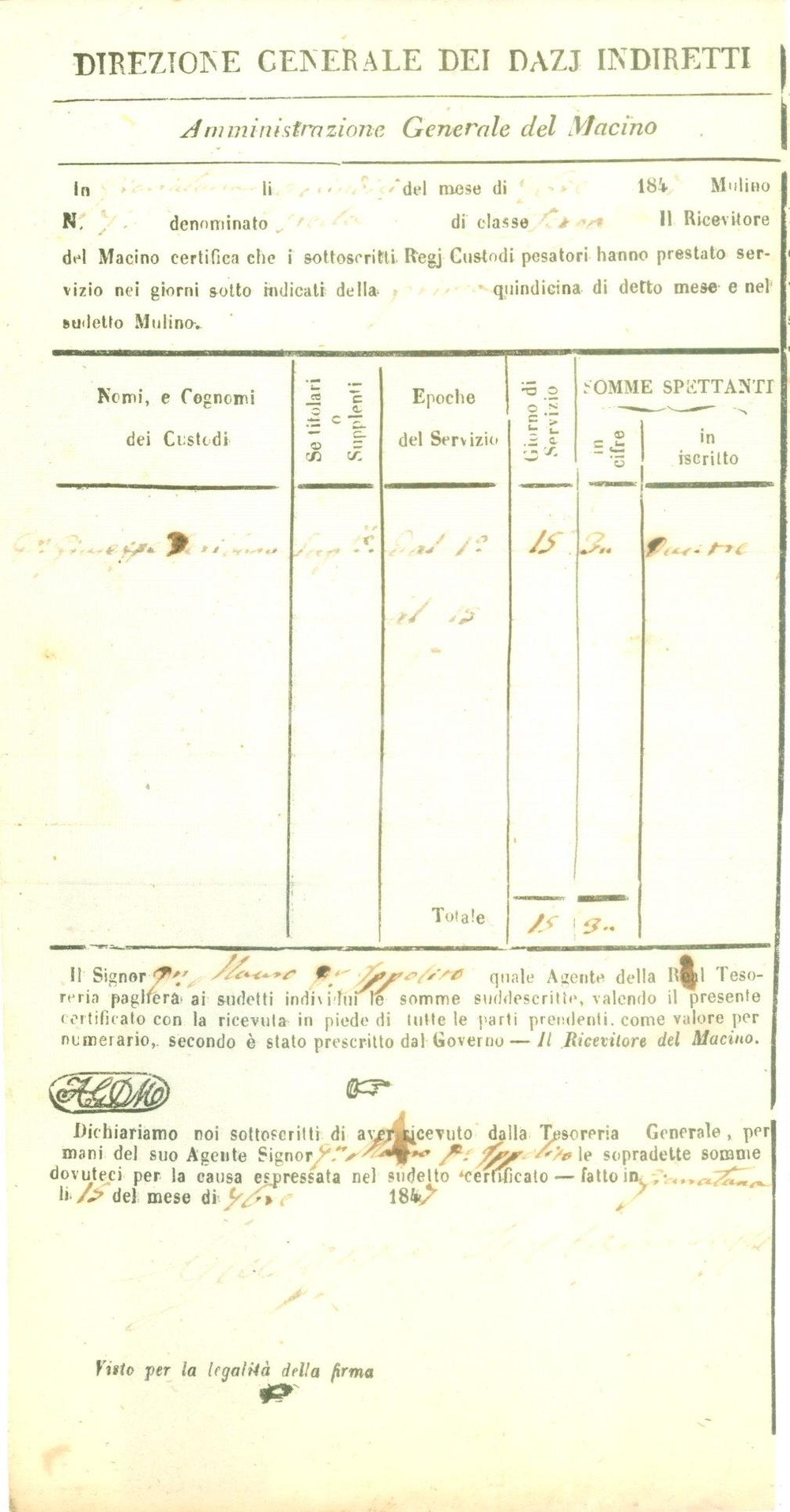 Documento originale, autentico 1847 GIARRATANA RG Giuseppe SCRIBANO Regio Custode del Macino Documento 1