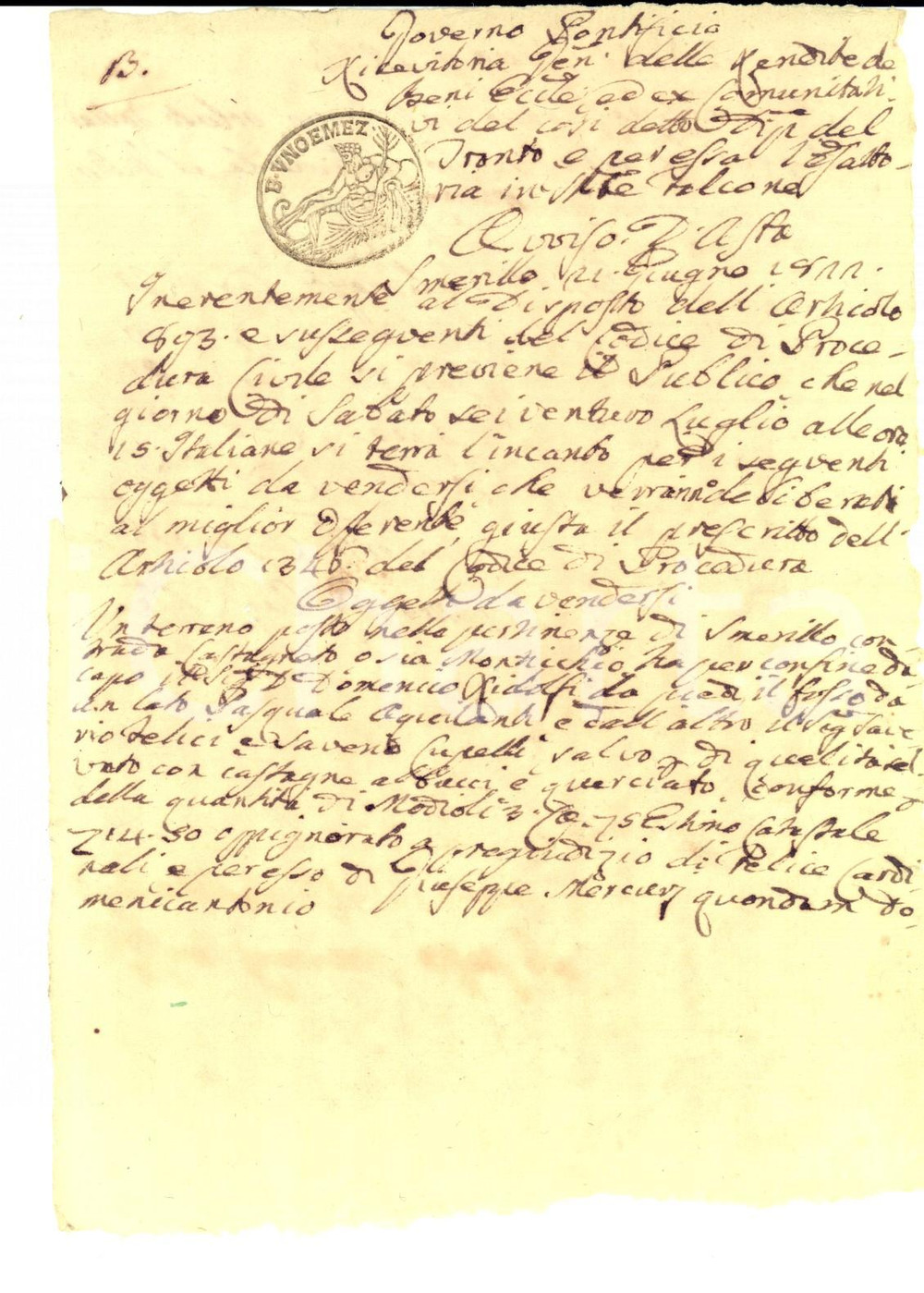 Documento originale, autentico 1822 SMERILLO FM Avviso d asta per fondo rurale in contrada CASTAGNETO 1