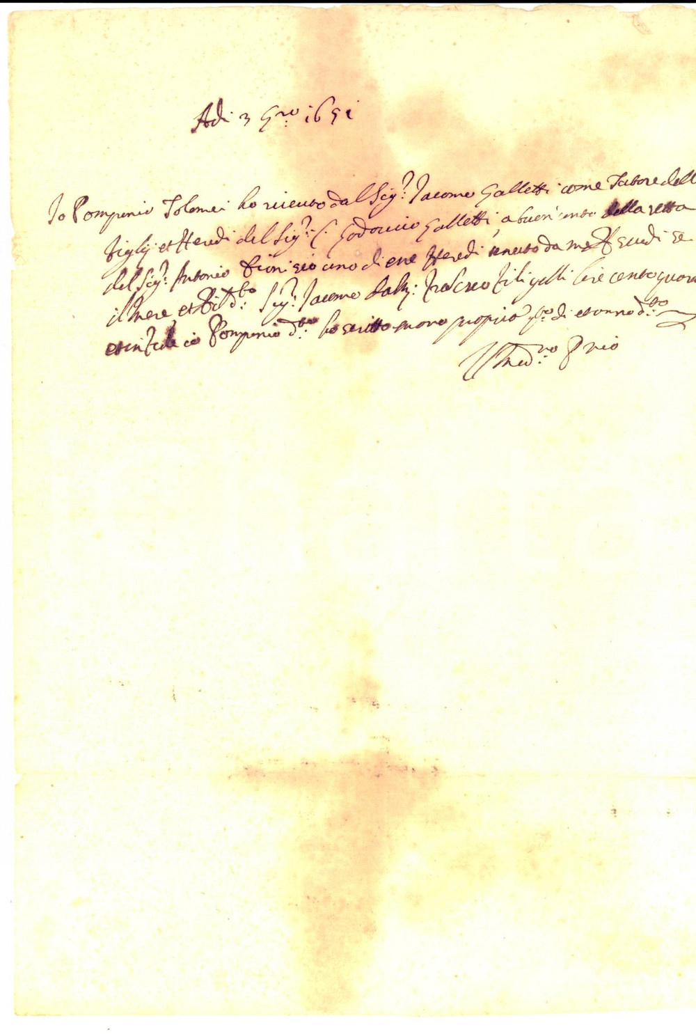 Documento originale, autentico 1651 AREZZO Ricevuta di Pomponio TOLOMEI al tutore Giacomo GALLETTI Manoscritto 1