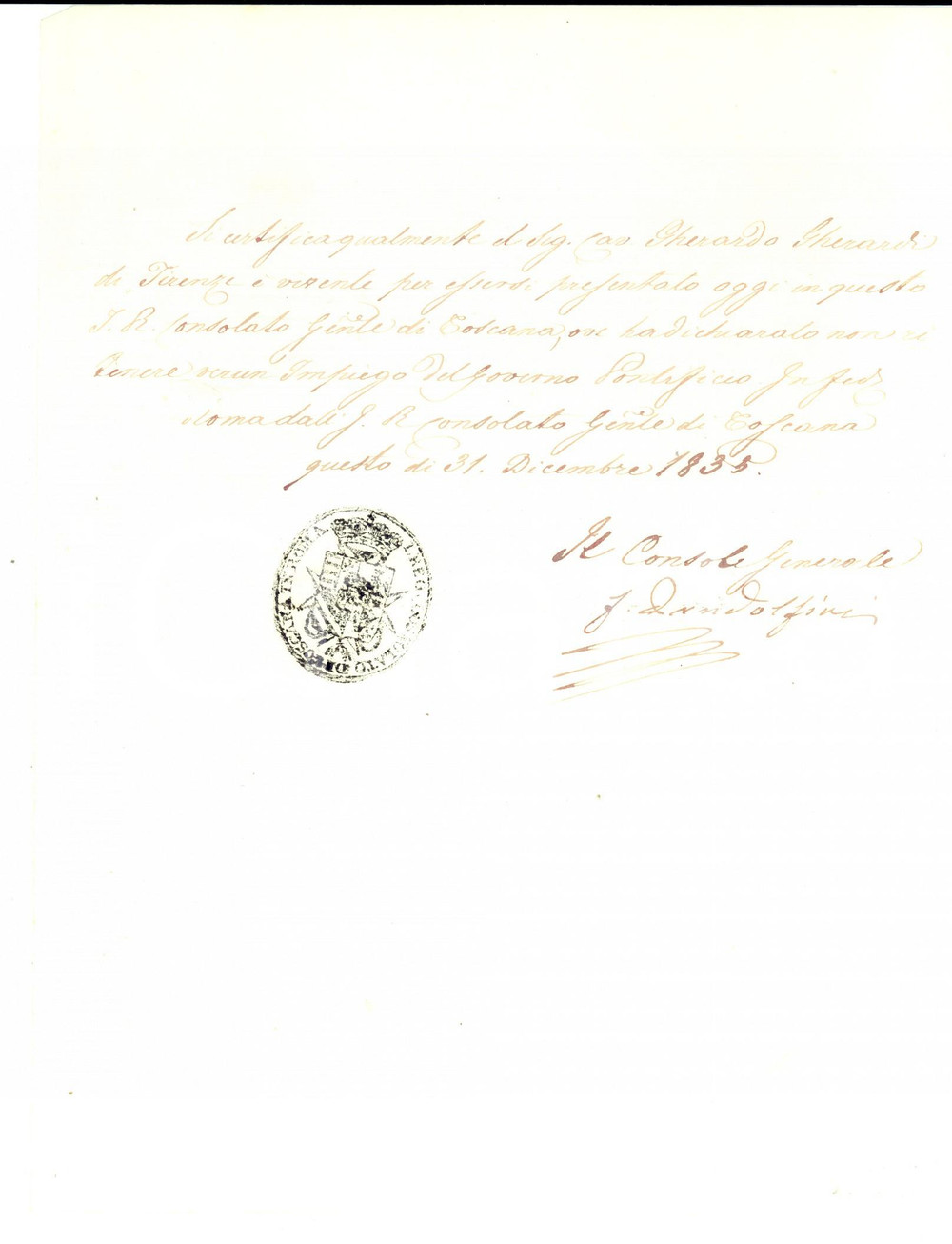 Documento originale, autentico 1833 FIRENZE Certificato di vita Gherardo GHERARDI Console Francesco PANDOLFINI 1