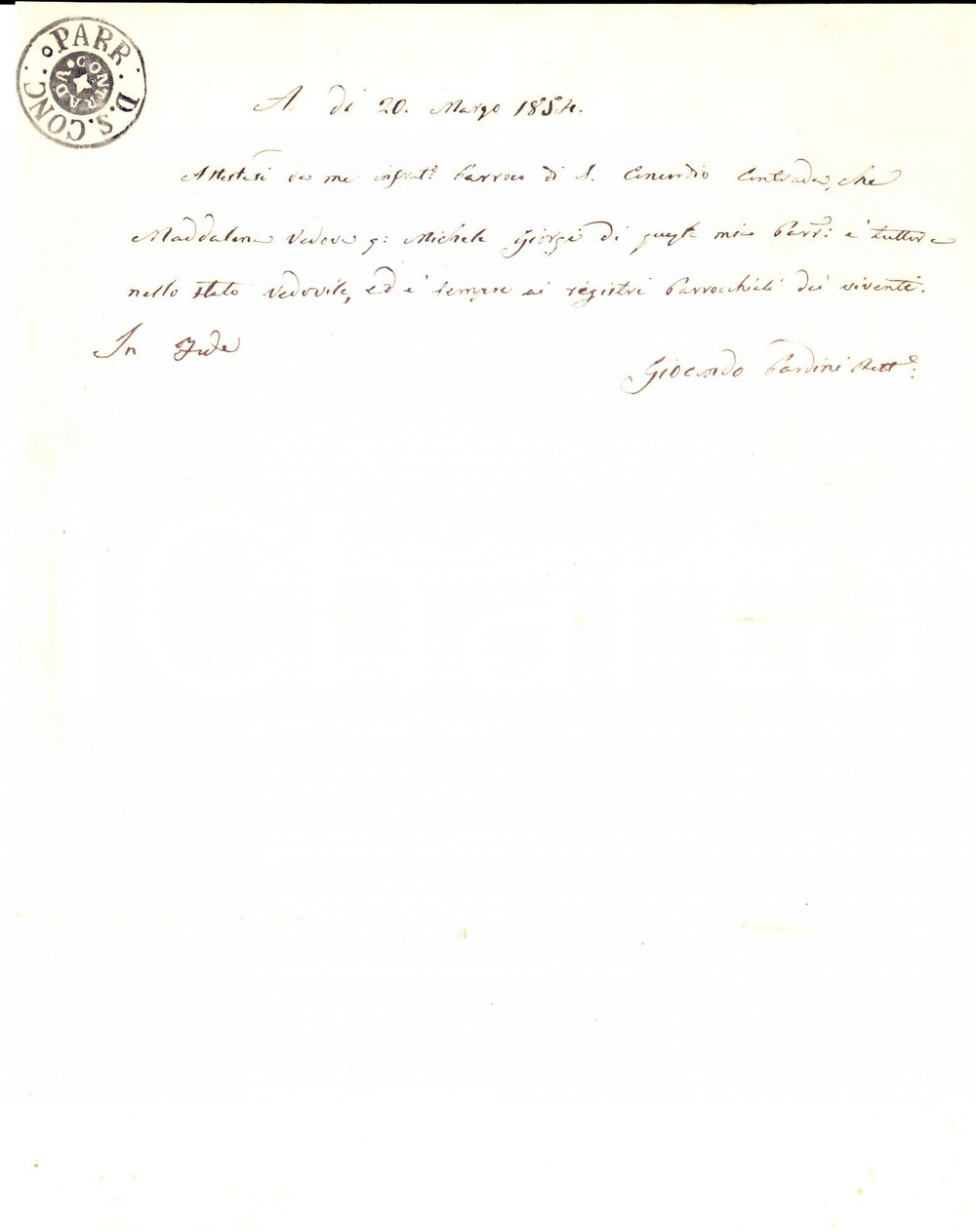 Documento originale, autentico 1854 LUCCA Parrocchia S. CONCORDIO IN CONTRADA Certificato vita Maddalena GIORGI 1