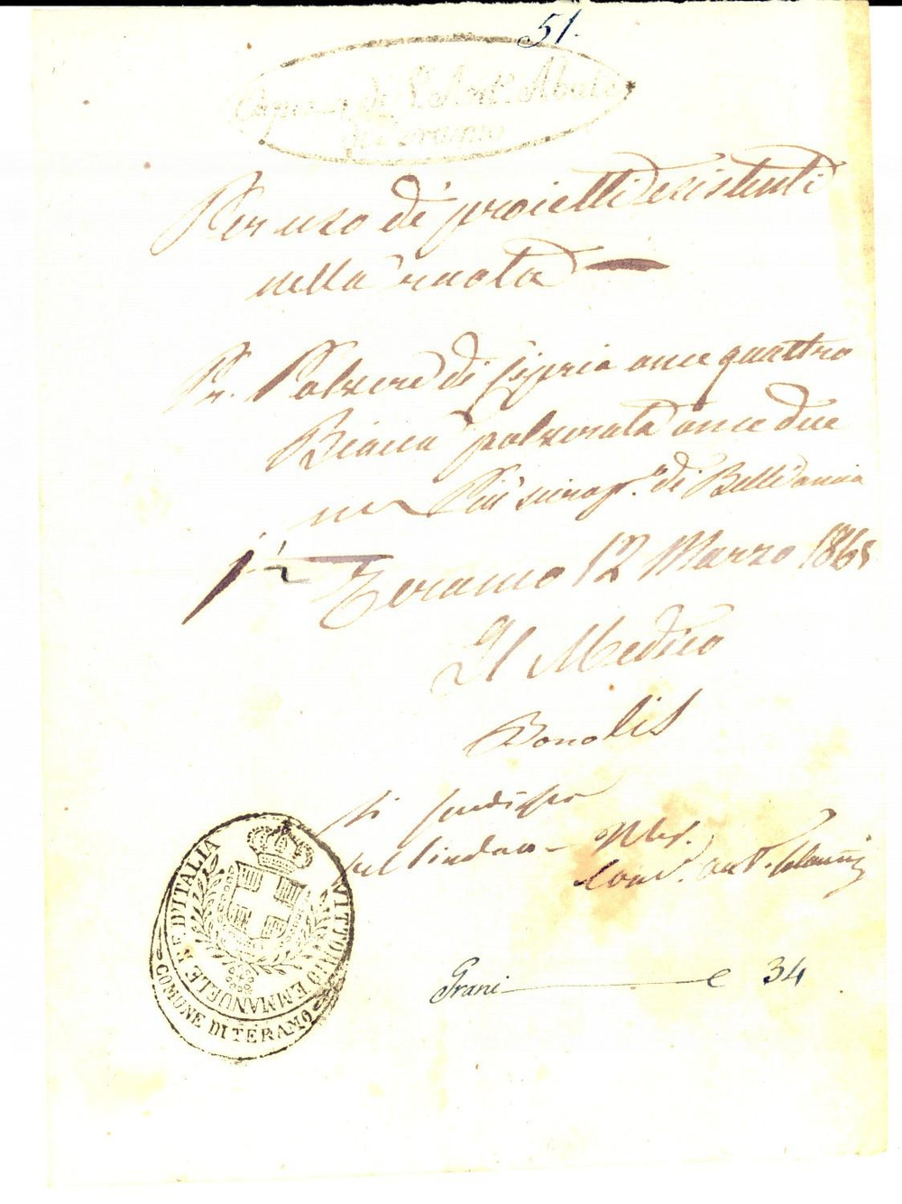 Documento originale, autentico 1865 TERAMO Ospizio SANT ANTONIO ABATE Ricevuta della cipria per i trovatelli 1