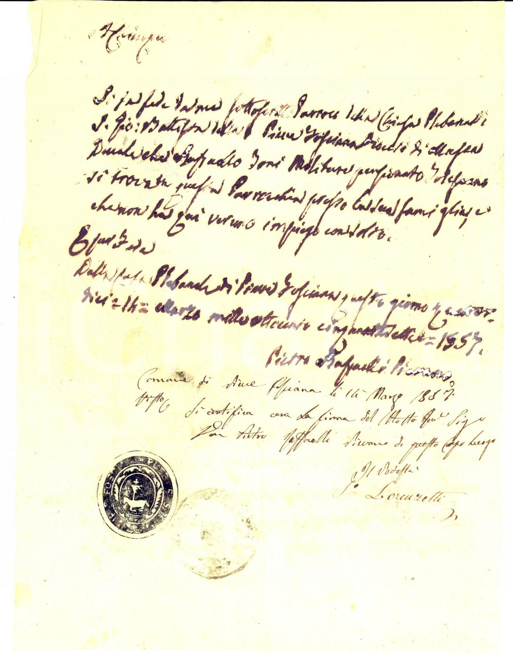 Documento originale, autentico 1857 PIEVE FOSCIANA LU Certificato esistenza in vita Raffaello BONI molitore 1