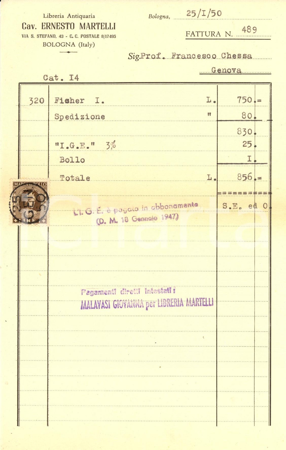Documento originale, autentico 1950 BOLOGNA Cavaliere ERNESTO MARTELLI  Libreria antiquaria Fattura intestata 1