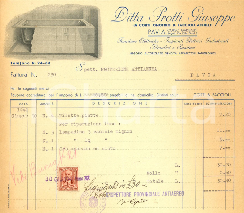 Documento originale, autentico 1941 PAVIA Ditta PROTTI Giuseppe di CORTI & FACCIOLI  Impianti idraulici 1