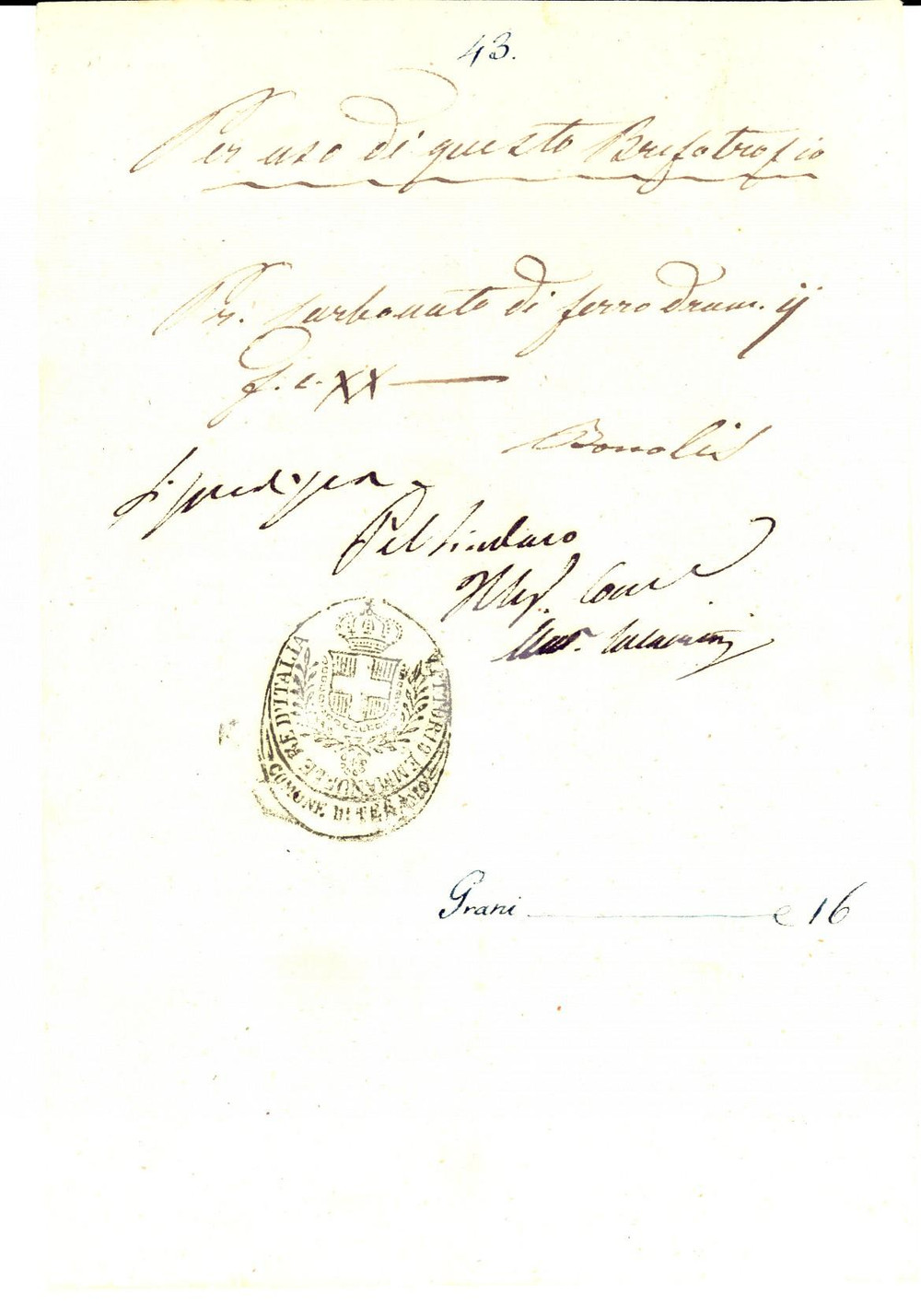 Documento originale, autentico 1865 TERAMO Ospizio SANT ANTONIO ABATE Carbonato di ferro per i trovatelli 1