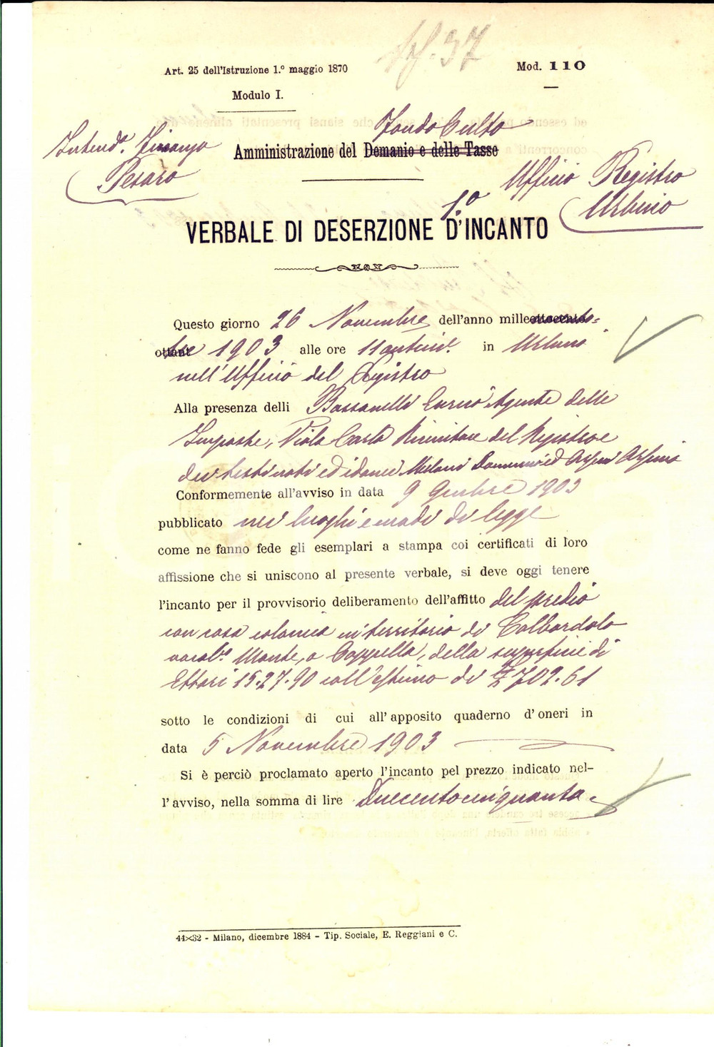 Documento originale, autentico 1903 COLBORDOLO PU Asta deserta per un fondo rurale con casa colonica 1