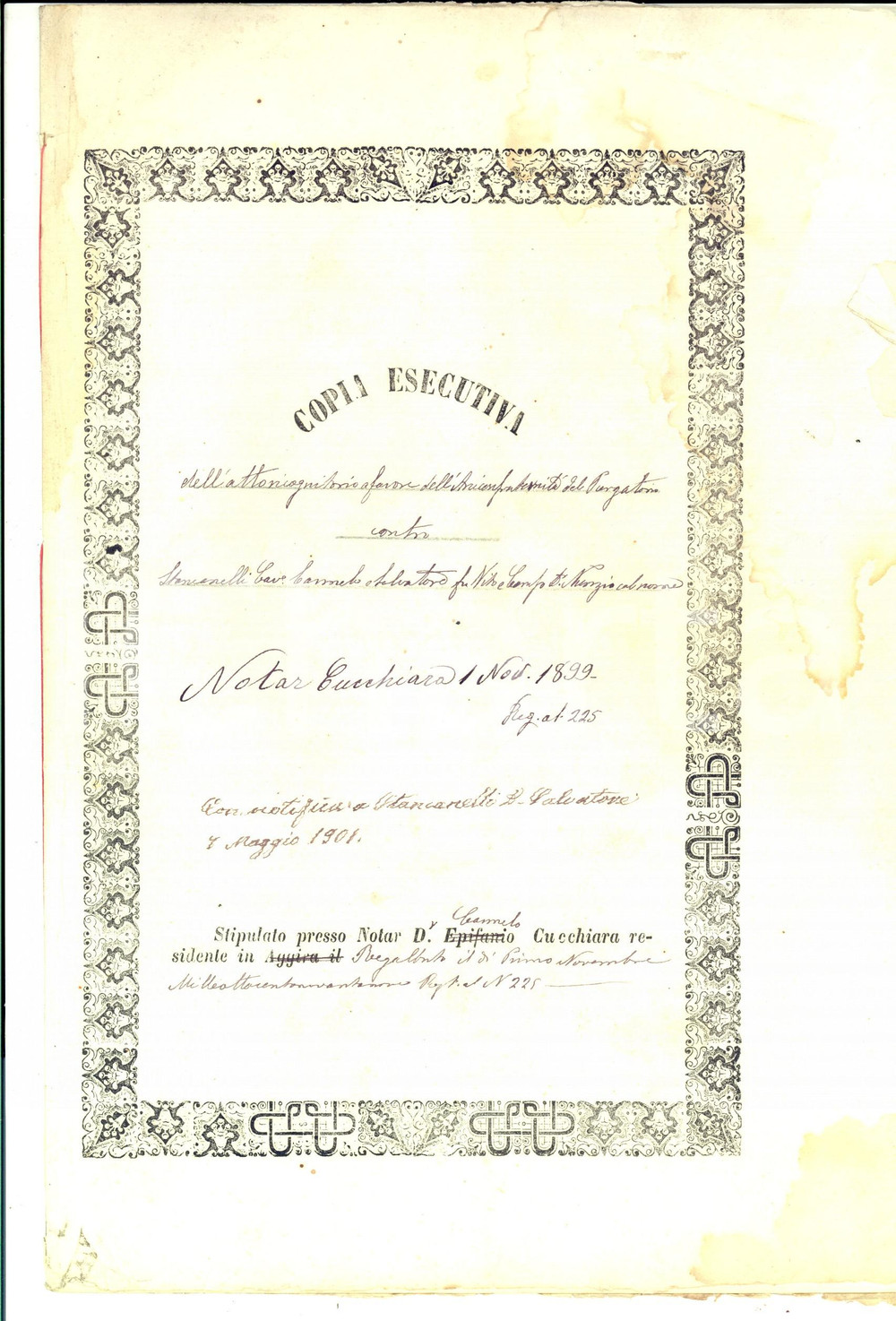 Documento originale, autentico 1901 REGALBUTO EN Arciconfraternita del PURGATORIO vs Carmelo STANCARELLI 1