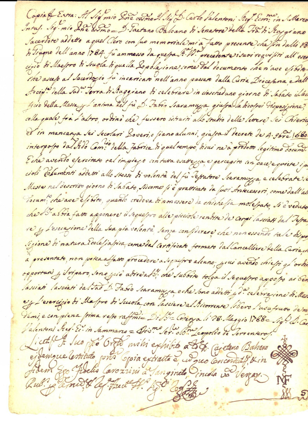 Documento originale, autentico 1788 ROGGIANO GRAVINA CS Revoca sequestro contro don Gaetano BALSANO maestro 1