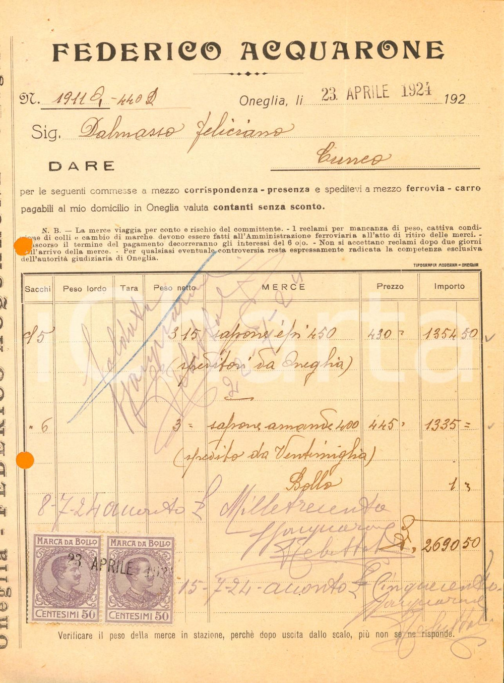 Documento originale, autentico 1924 ONEGLIA IM Ditta Federico ACQUARONE Fattura per sapone 1