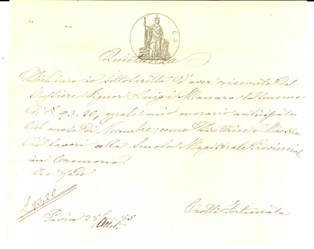 Documento originale, autentico 1855 CREMONA Quietanza per stipendio della maestra Fortunata CROLLI 1