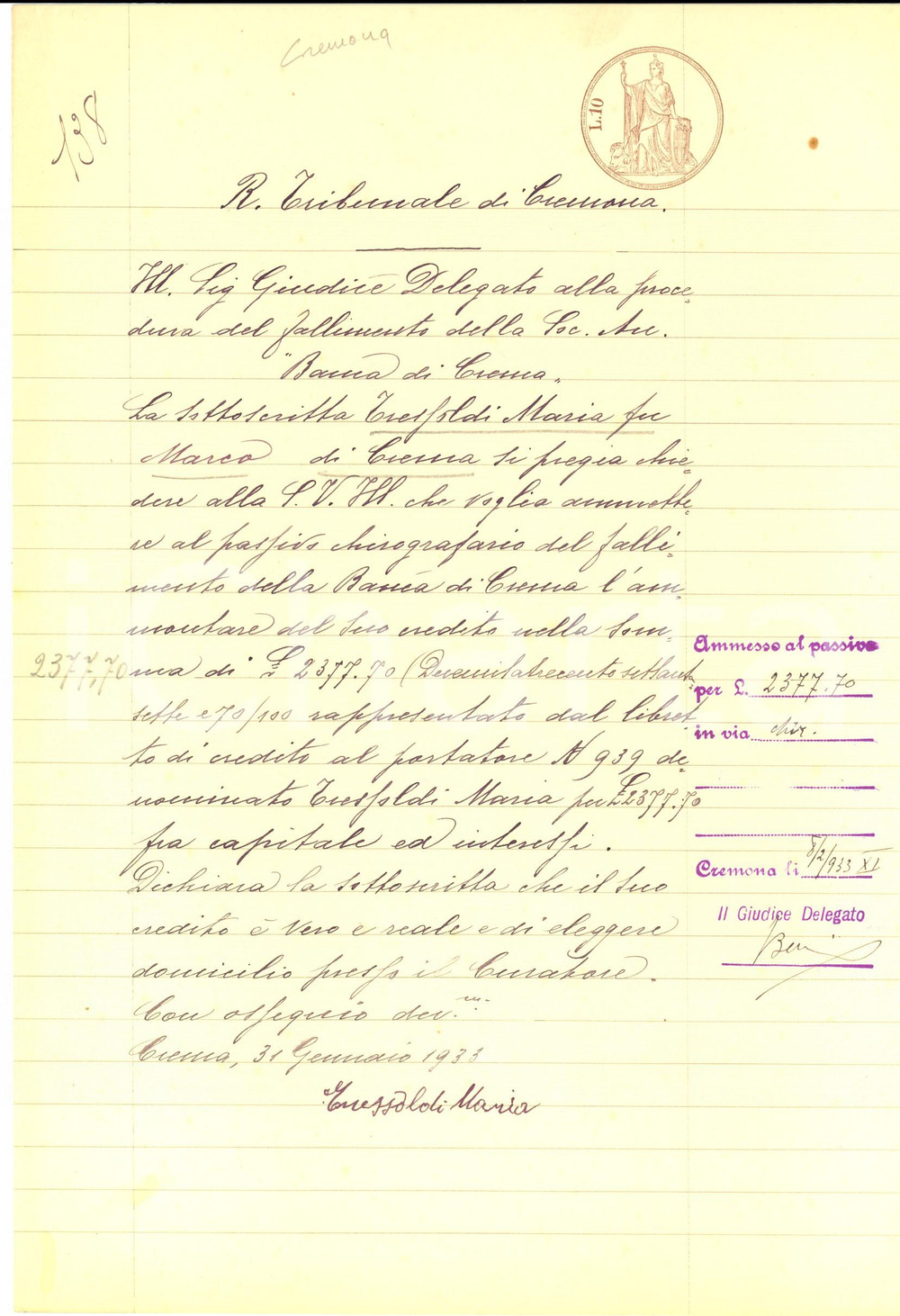 Documento originale, autentico 1933 CREMONA Maria TRESSOLDI creditrice nel fallimento BANCA DI CREMA 1