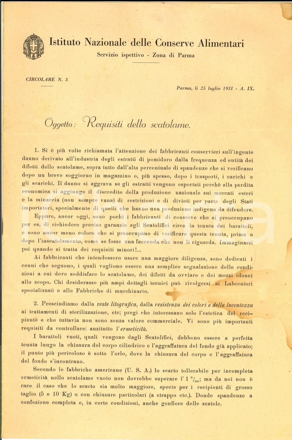 Documento originale, autentico 1931 INCA PARMA Requisiti dello scatolame per conserve alimentari ILLUSTRATO 1