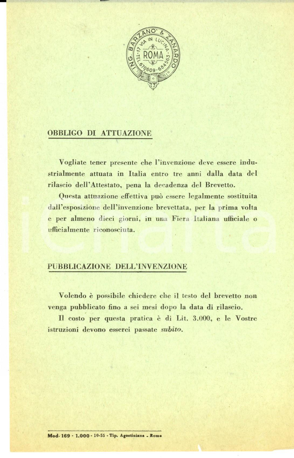 Oggetto da collezione cartaceo 1955 ROMA BARZANO  & ZANARDO Attuazione e pubblicazione invenzioni Volantino 1