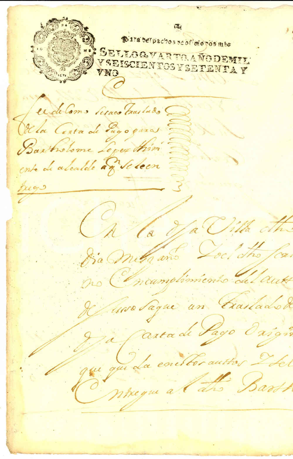 Documento originale, autentico 1671 CUENCA ESPANA Notificacion carta de pago para BartholomÃ© LOPEZ Manuscrito 1