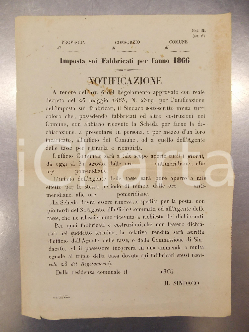 Documento originale, autentico 1865 REGNO D ITALIA Notificazione per imposta fabbricati 1866 Manifesto 30x42 1