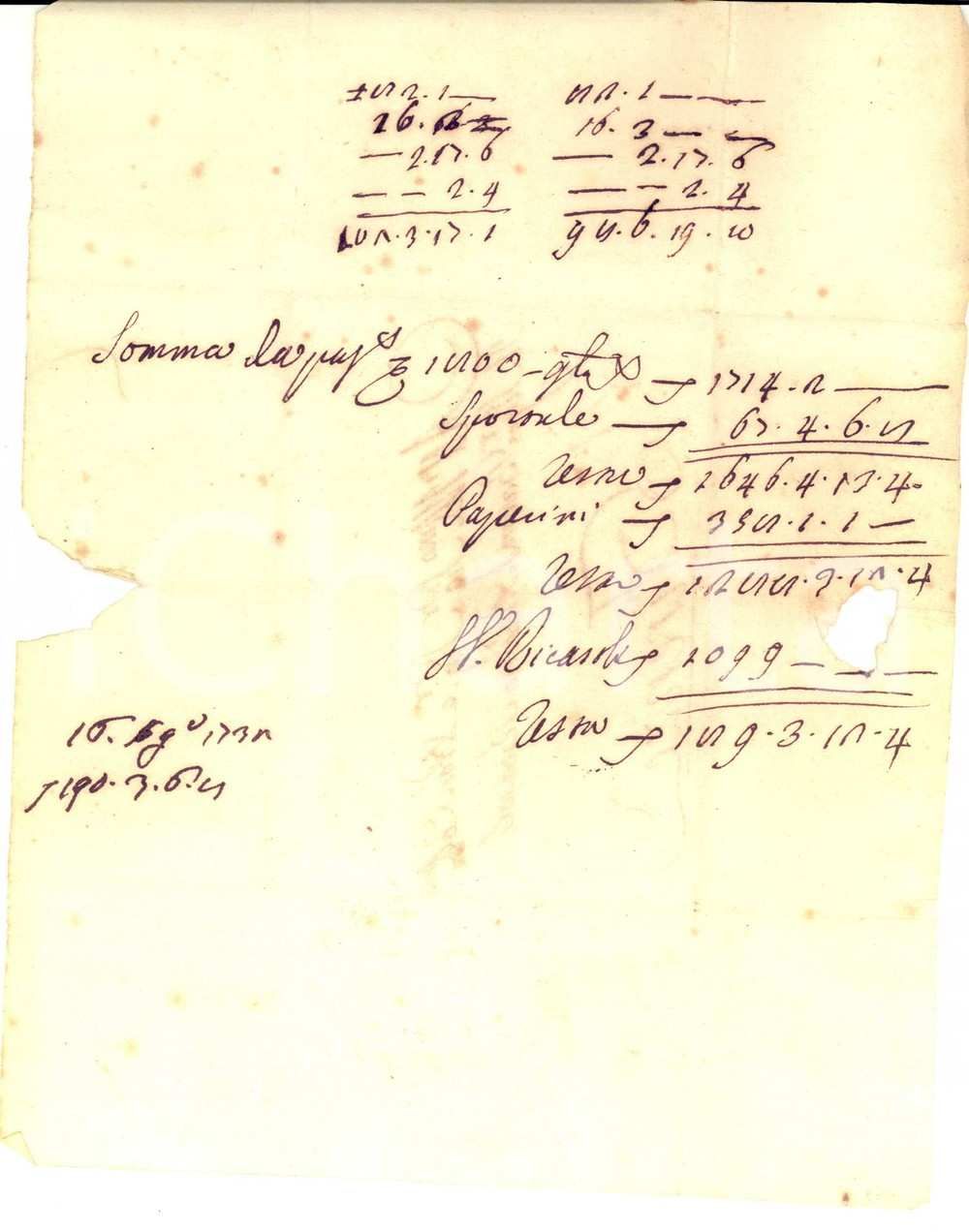 Manoscritto, lettera originale 1790 ca FIRENZE Brogli e conteggi per il barone Bettino RICASOLI 1