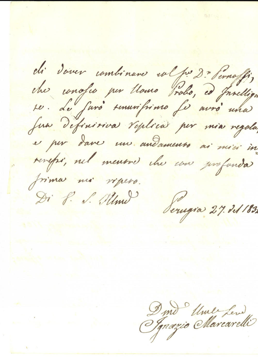 Manoscritto, lettera originale 1832 PERUGIA Ignazio MARCARELLI presenta il conto per una perizia Lettera 1