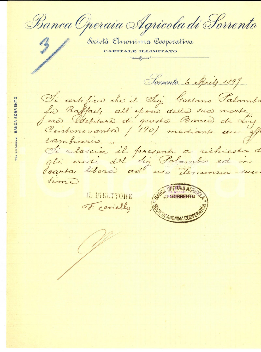 Documento originale, autentico 1897 BANCA OPERAIA AGRICOLA DI SORRENTO Certificato debiti di Gaetano PALOMBA 1