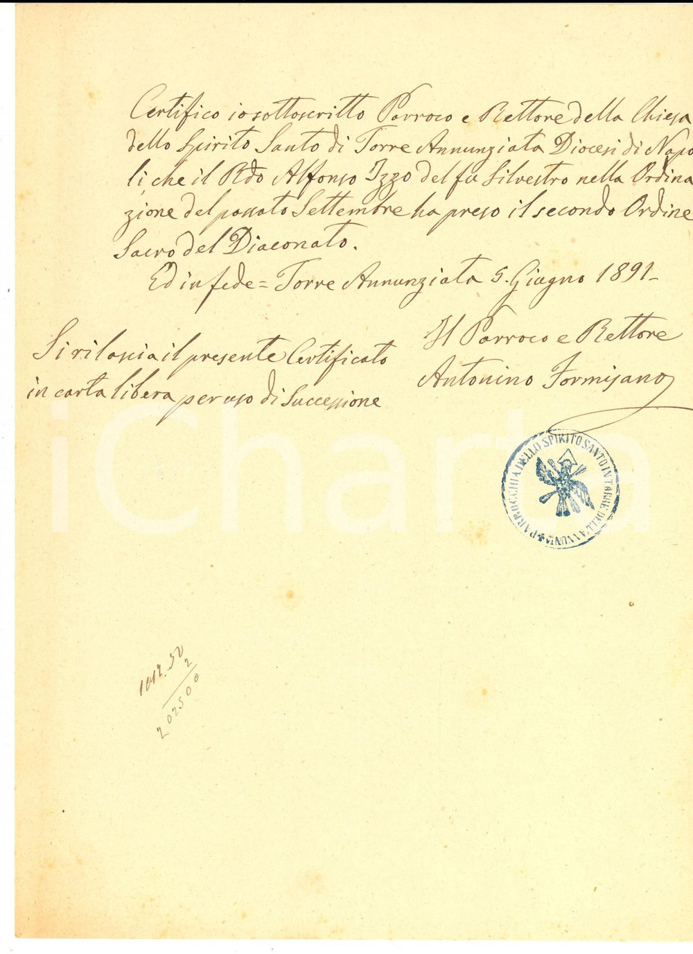 Documento originale, autentico 1891 TORRE ANNUNZIATA Chiesa SPIRITO SANTO Certificato diaconato Alfonso IZZO 1