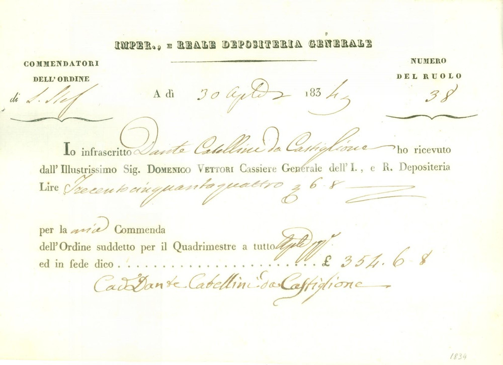 Documento originale, autentico 1834 IMPERIAL REALE DEPOSITERIA Commenda per Dante CATELLINI DA CASTIGLIONE 1