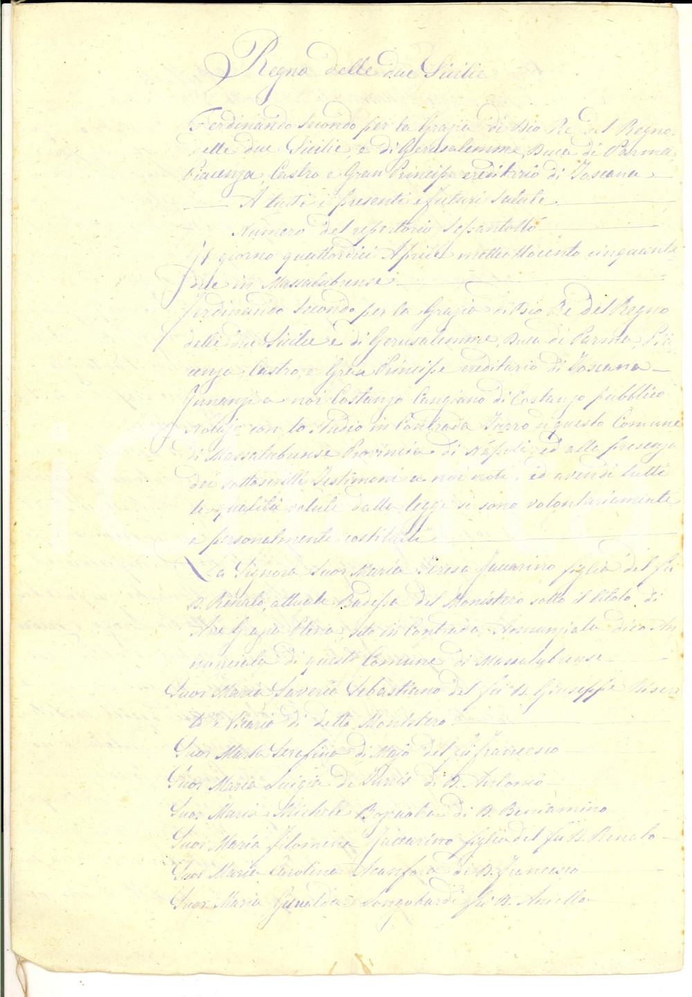 Documento originale, autentico 1852 MASSA LUBRENSE Dote Adelaide MONTEFUSCO futura monaca convento ANNUNZIATA 1