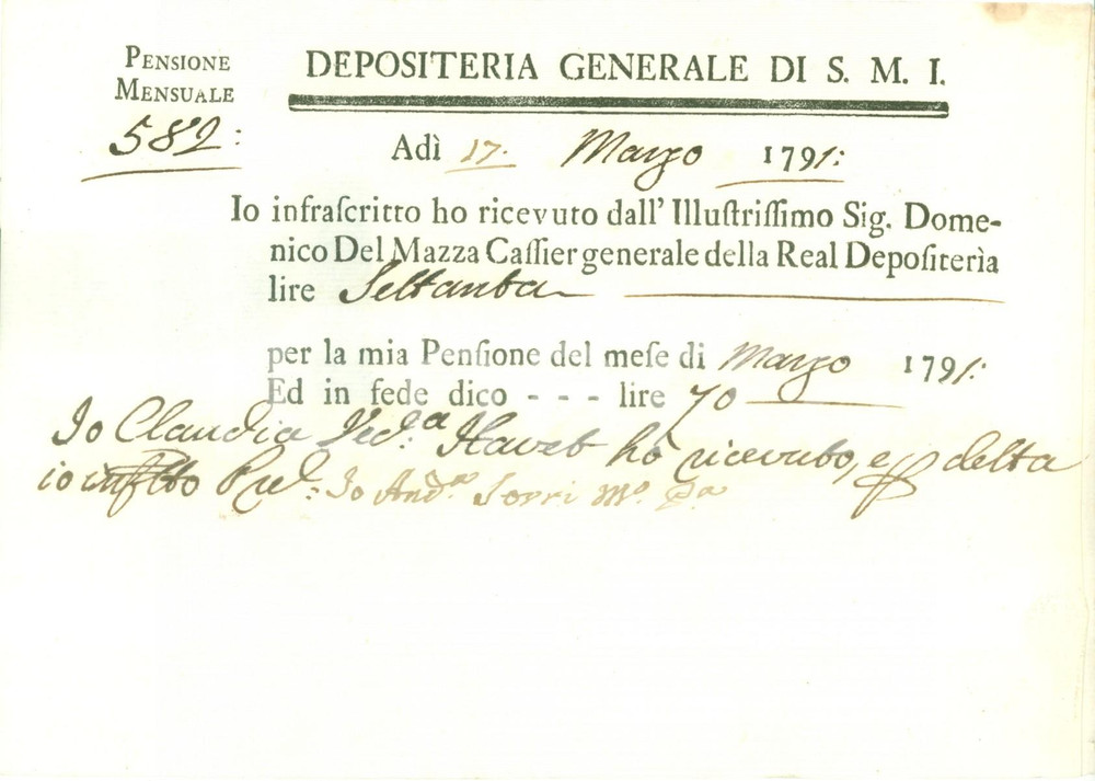 Documento originale, autentico 1791 IMPERIAL REALE DEPOSITERIA Claudia vedova HAVET riceve pensione di marzo 1