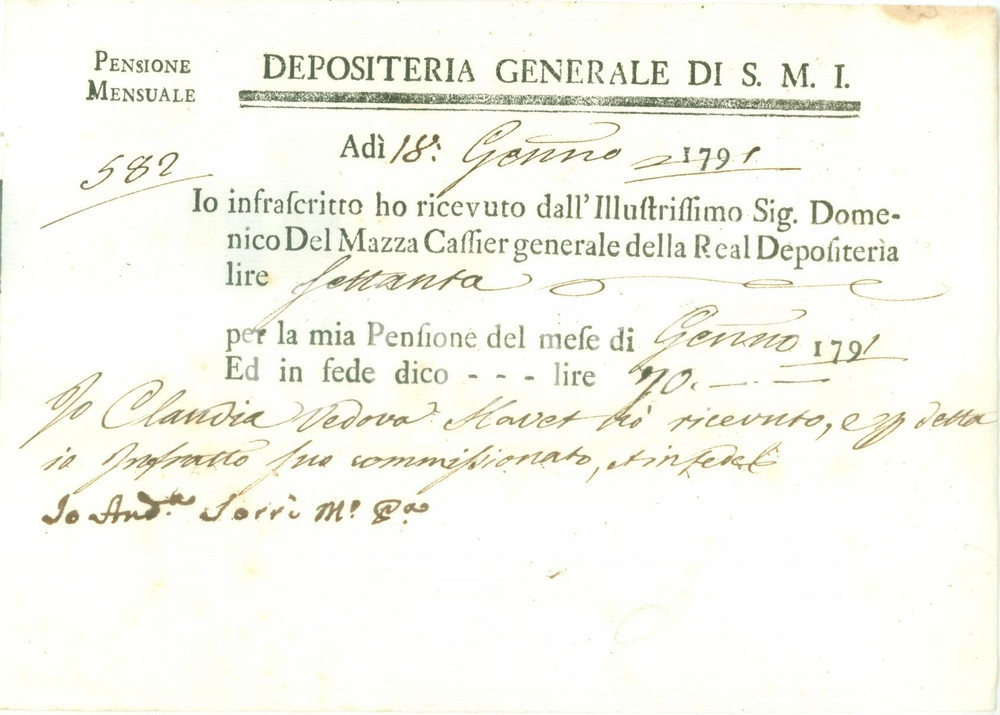 Documento originale, autentico 1791 IMPERIAL REALE DEPOSITERIA Claudia vedova HAVET riceve pensione di gennaio 1