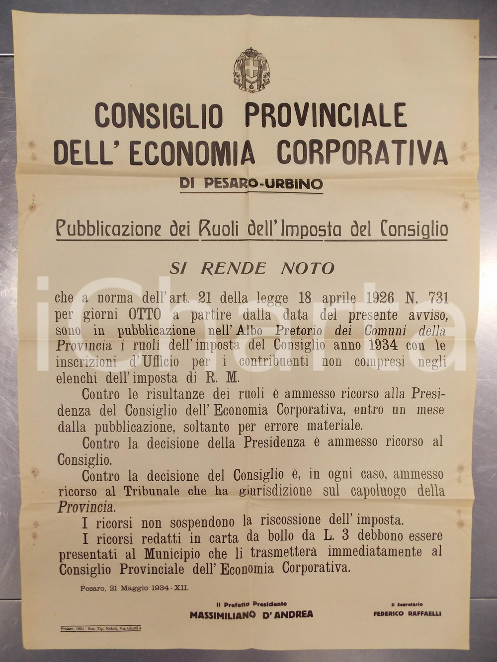 Documento originale, autentico 1934 PESARO Pubblicazione ruoli dell imposta del Consiglio Manifesto 50x70 cm 1