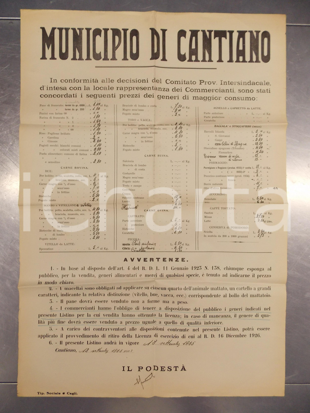 Documento originale, autentico 1935 CANTIANO PU Prezzi generi di maggior consumo Manifesto 45x60 cm 1