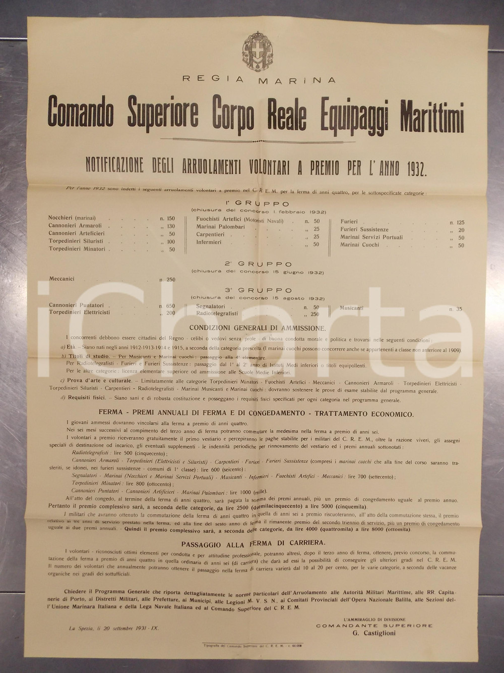Documento originale, autentico 1931 LA SPEZIA REGIA MARINA CREM Arruolamenti volontari a premio manifesto 50x70 1