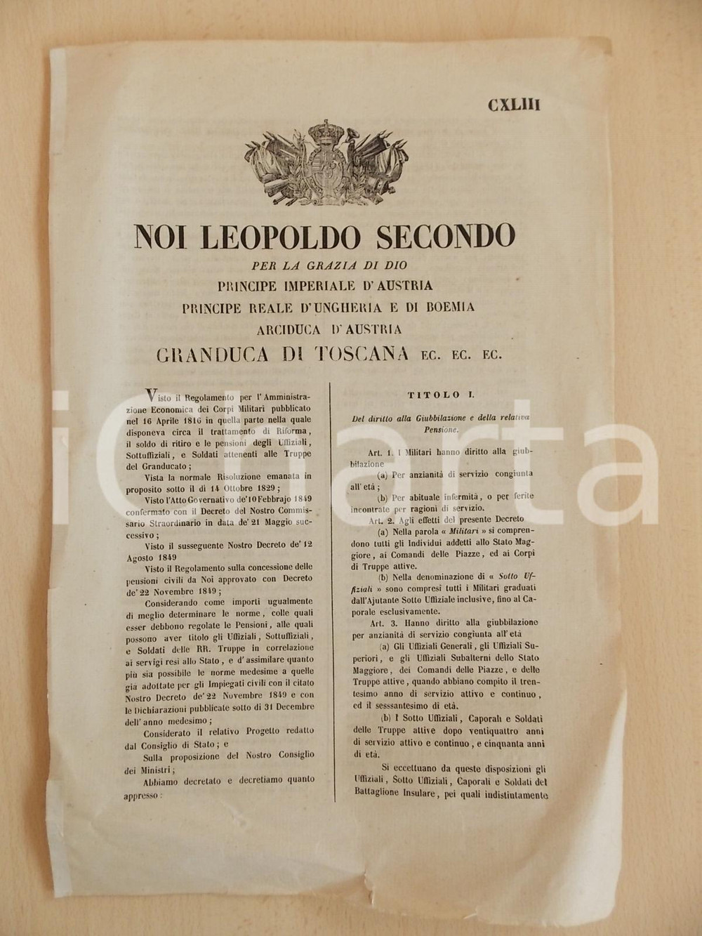 Documento originale, autentico 1851 GRANDUCATO DI TOSCANA Regolamento sulle pensioni delle REGIE TRUPPE 25x40 1